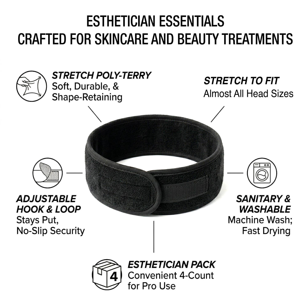 Black Stretch Terry Spa Headband, Adjustable, One Size