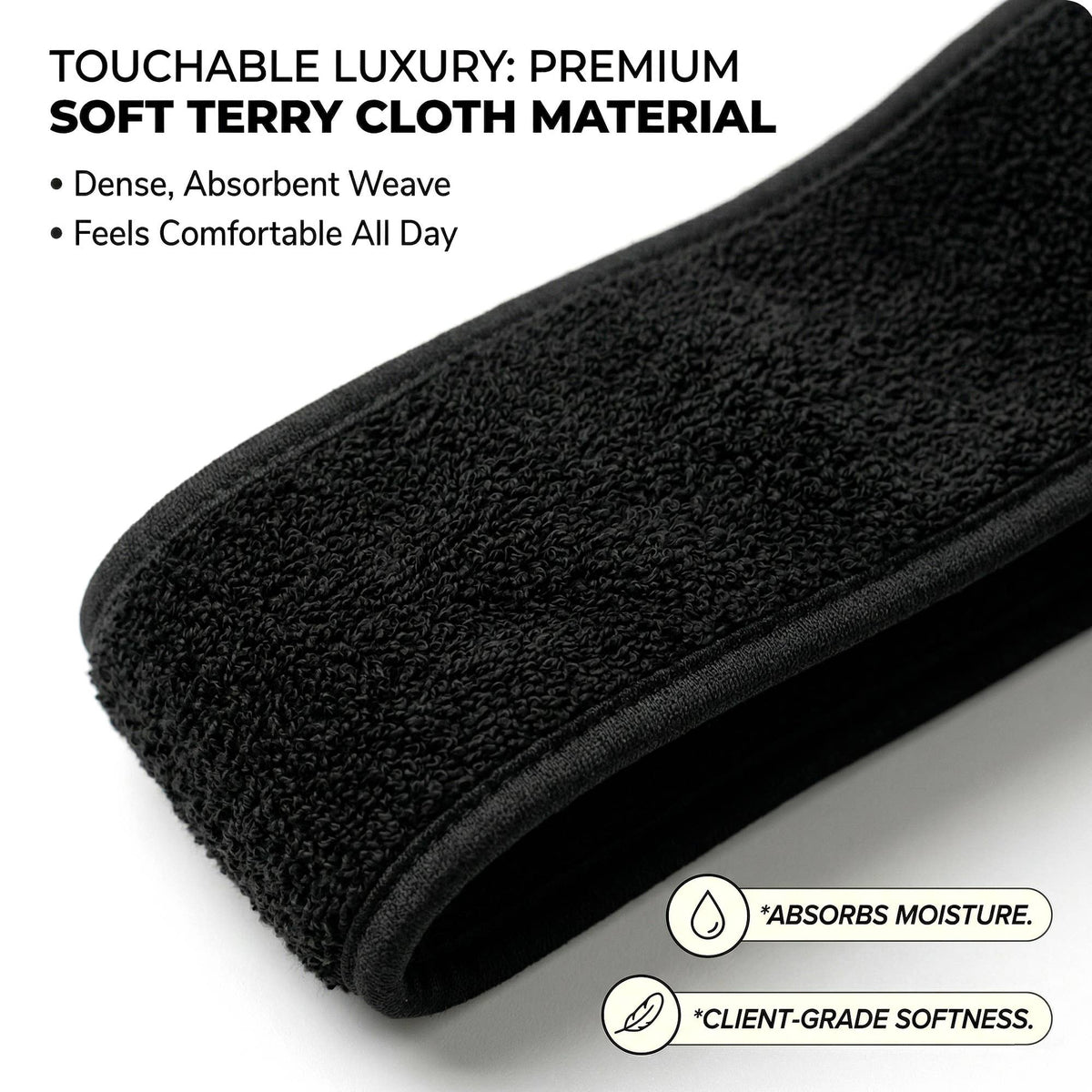 Black Stretch Terry Spa Headband, Adjustable, One Size