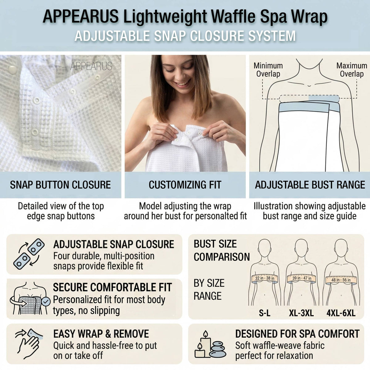 Plus Size Puffy Waffle Spa Wrap (4XL-6XL), Snap Closure