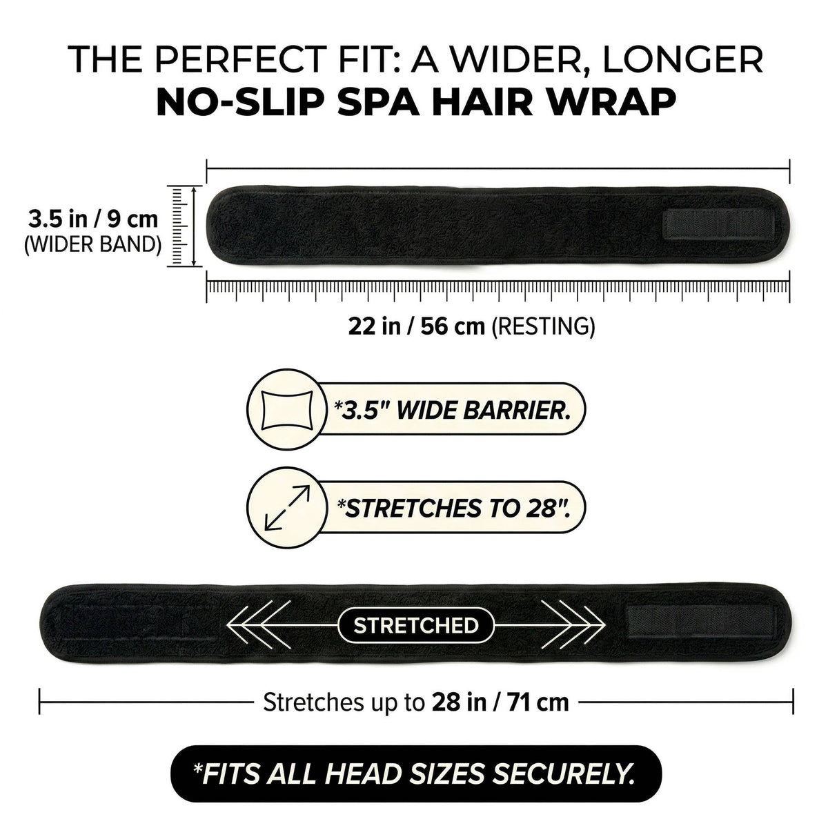 Black Stretch Terry Spa Headband, Adjustable, One Size