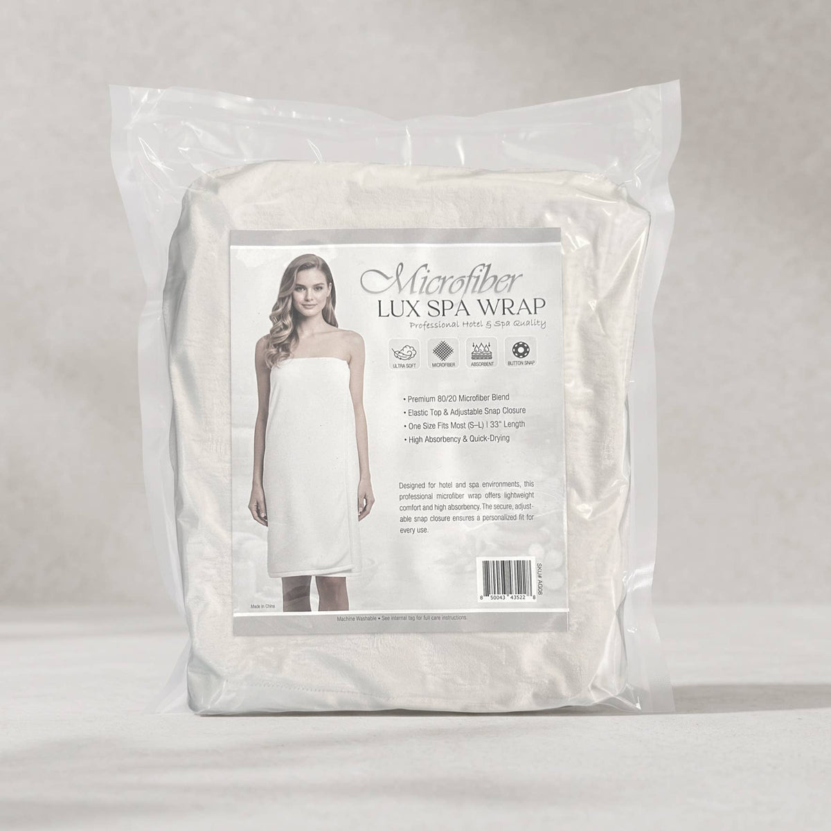 Plush Microfiber Spa Wrap, Snap Closure, One Size (S-L)